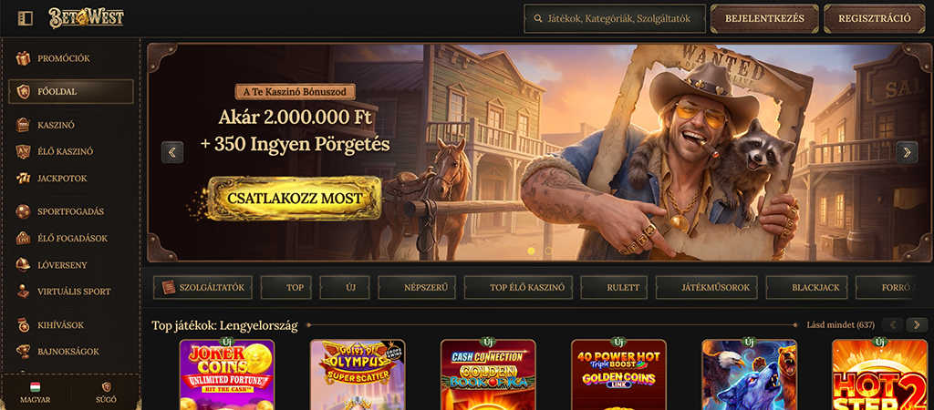 BetWest, online kaszinó, főoldal, bónusz ajánlat, vadnyugati téma, nyerőgépek, szerencsejáték, ingyen pörgetések